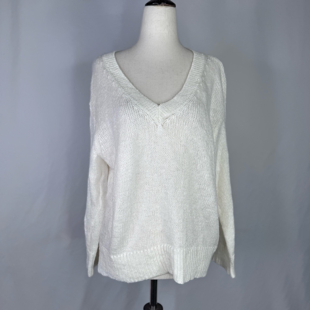 Wooden Ships v neck sweater pullover soft open knit ivory 3/4 sleeves XS